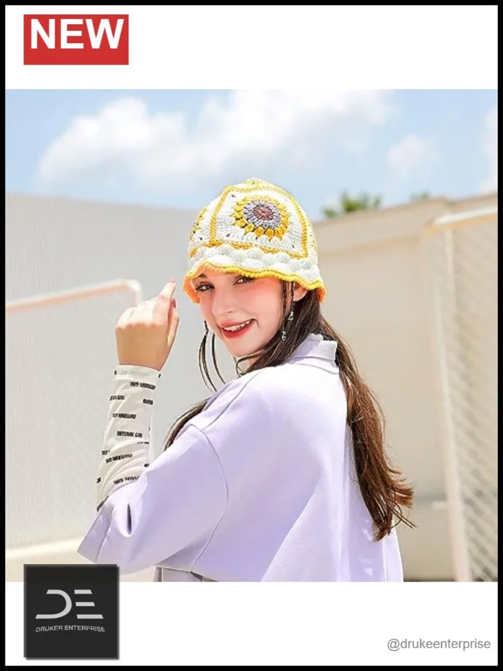 Hand Knit Crochet Bucket Hat for Women Foldable Floral Sun Hat